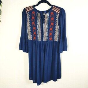 FRANCESCA’S Blue Rain Dress Women's XXS Long Sleeve Embroider Boho Peasant Blue